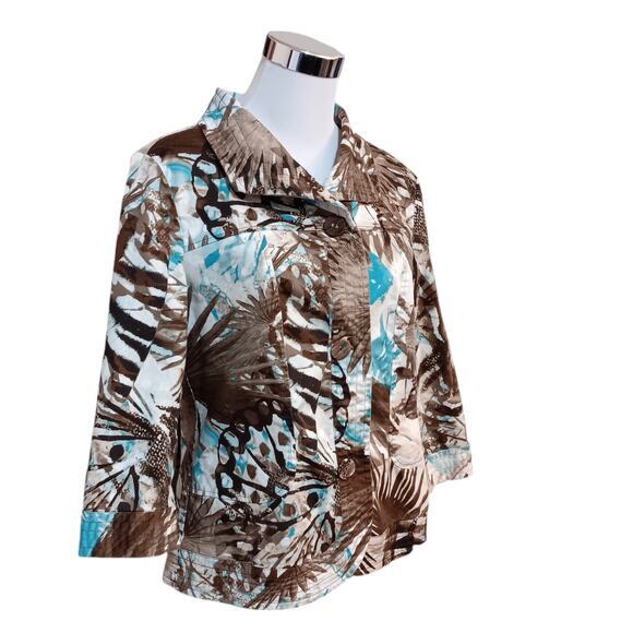 CHICO'S 2 Light Jacket Cute Buttons 12 LG Office Travel Leaves‎ Animal Turquoise - Picture 12 of 12